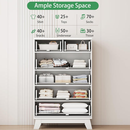 Fluted Dresser for Bedroom with 6 Drawers, 46" Tall Modern Chest of Drawers with Metal Handle, Wooden Dresser TV Stand, Wood Closet Clothes Storage Organizer for Living Room, Hallway, White