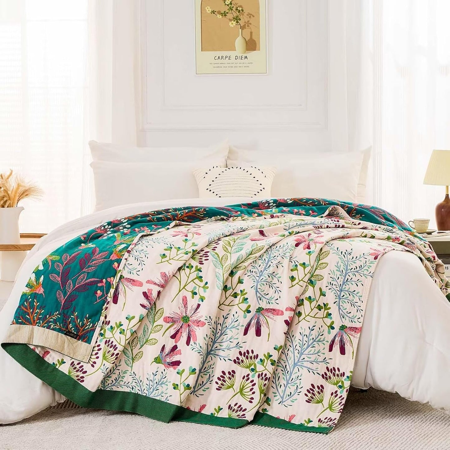 Boho Throw Blanket for Bed, 100% Cotton Soft Rustic Quilt Fall Blanket, 60"x80" Floral Printed Farmhouse Decor Bed Blankets, All Season Rustic Reversible Bohemian Throw Quilt