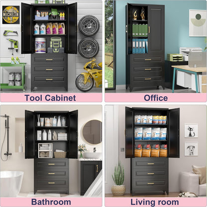 Pantry Kitchen Cabinet with Drawer, 75" Tall Pantry Storage Cabinet, Metal Storage Cabinets with Doors and Shelves, Large Freestanding Cupboard for Dining Room, Assembly Required, Black