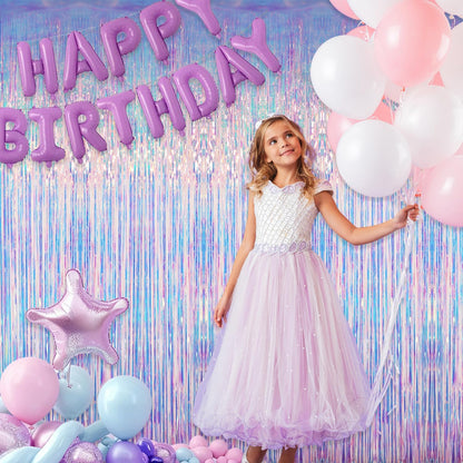 GOER 3.2 ft x 6.5 ft Metallic Tinsel Foil Fringe Curtains Photo Backdrop Party Streamers for Mermaid Birthday Party Decorations(3 Packs,Neon Blue)