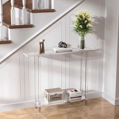 Acrylic Narrow Console Table for Entryway, 7.6" D x 39.4" W x 31.5" H, Square Legs, Skinny Entry Table for Sofa, Foyer, Hallway, Living Room, Modern, 2-Tier, Clear