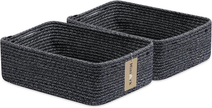 Large Shallow Organizing Baskets 15x11x5.1 Inches - Rope Woven Storage Bins for Bathroom, Shelves, Cube Closet, Mixed Black 2 Packs