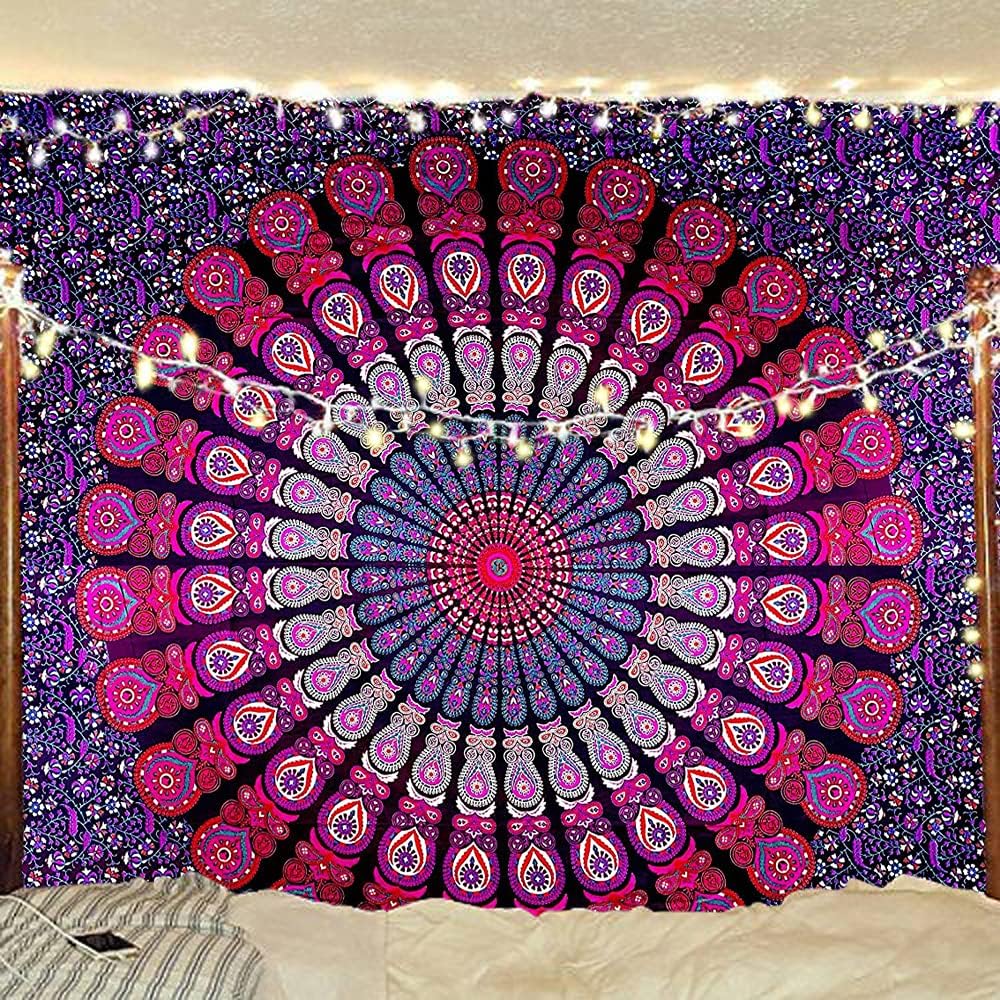 Bless International Handmade Indian hippie Bohemian Psychedelic Peacock Mandala Wall hanging College Dorm Beach Throws Table Cloth Bedding Tapestry (Purple Pink, King(88x104Inches)(225x265Cms))