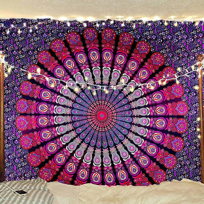 Bless International Handmade Indian hippie Bohemian Psychedelic Peacock Mandala Wall hanging College Dorm Beach Throws Table Cloth Bedding Tapestry (Purple Pink, King(88x104Inches)(225x265Cms))