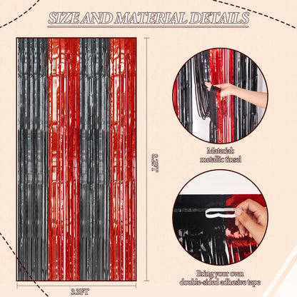 3 Pack Foil Fringe Backdrop - Red&Black Shiny Tinsel Curtains for Party Decoration/Photo Booth Props - 3.3x8.2 FT Metallic Foil Backdrop for Birthday, Wedding, Graduation, Christmas.