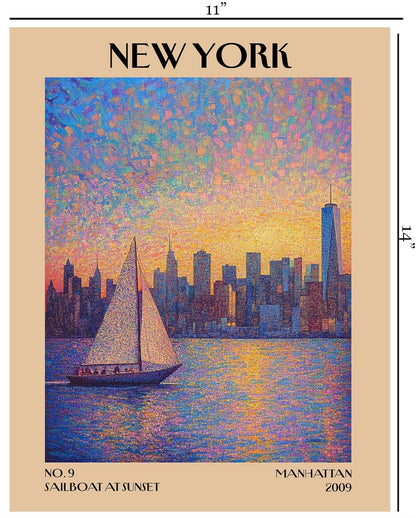 Retro Vintage New York Wall Art Print - 11x14 Unframed Poster - New York City Souvenirs, Cute Trendy Colorful Wall Decor (Sunset Sailboat, 11x14")