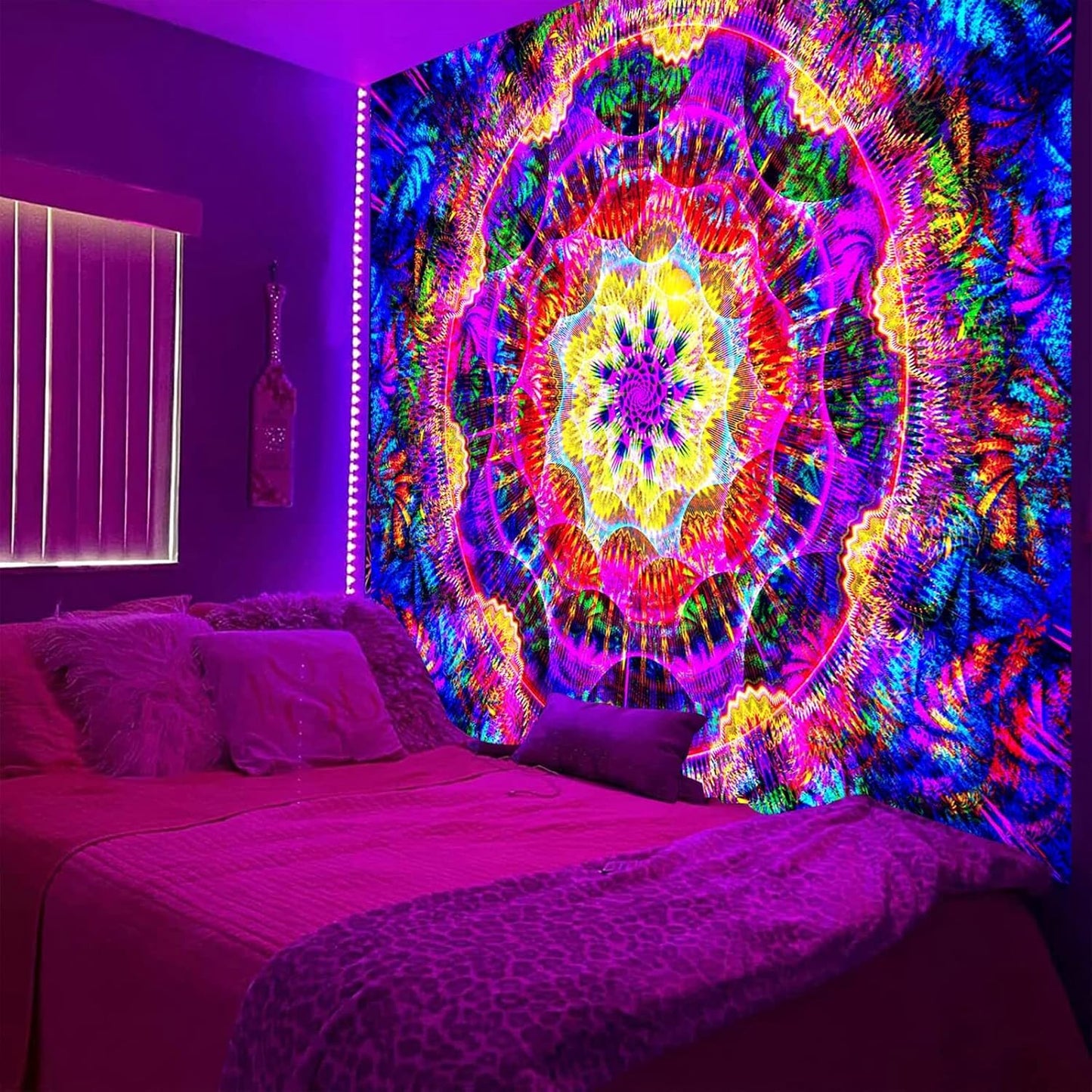 PSYHILAR Blacklight Mandala Tapestry for Bedroom, Psychedelic Black Light Posters for Adults and Teens, Colorful UV Reactive Aesthetic Bohemian Art Wall Hanging Decor (90 x 70 Inches)