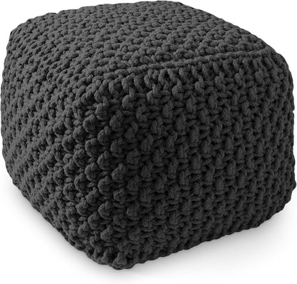Casafield Square Pouf Ottoman, Black - 18.5" W x 18.5" D x 14.5" H Cotton Knit Foot Stool - Boho Floor Pouffe for Living Room, Bedroom, Home Office