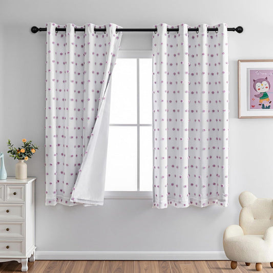 MYSKY HOME 100% Blackout Curtains for Girls Bedroom 54 Inch Long Purple Pom Pom Full Blackout Curtains for Kids Room 2 Panels Room Darkening Small Window Treatment Grommet 2 Layered Drapes 52"W x 54"L