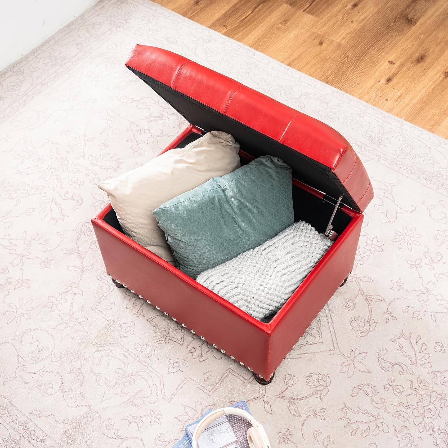 Joveco Leather Storage Ottoman, 24" Rectangle Square Bench Foot Rest Stool for Bedroom Living Room, Red