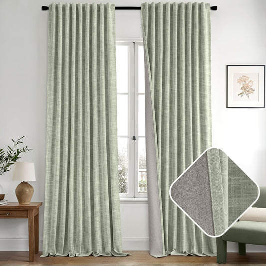MIULEE Sage Green 100% Blackout Linen Curtains 102 Inch 2 Panels Set Double Sided No Coating Pinch Pleated Back Tab Floor to Ceiling Black Out Thermal Insulated Bedroom Living Room Darkening Drapes