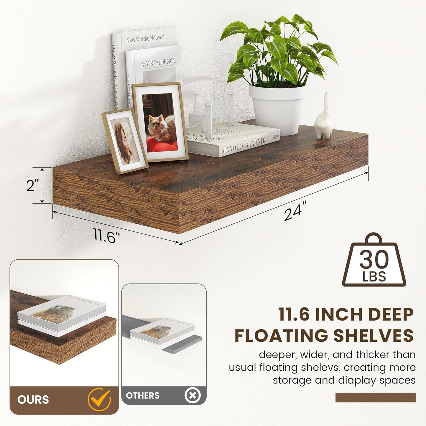 Deep Floating Shelves for Wall | 24 Inch Wide x 12 Inch Deep Floating Shelves | 24W x 12D Rustic Wood Wide Wall Shelves | Bookshelf Laundry Shelf TV Shelf