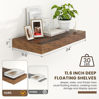 Deep Floating Shelves for Wall | 24 Inch Wide x 12 Inch Deep Floating Shelves | 24W x 12D Rustic Wood Wide Wall Shelves | Bookshelf Laundry Shelf TV Shelf