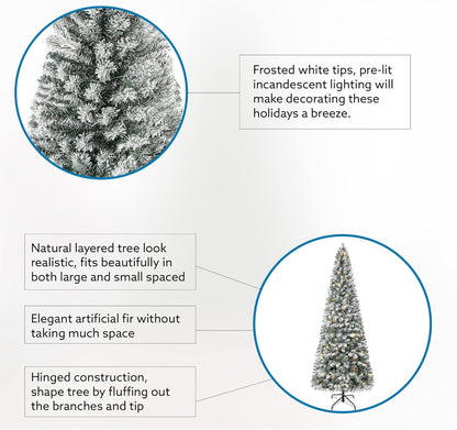 Naomi Home Salzburg 6.5ft Frosted Prelit Slim Artificial Christmas Tree with 864 Branch Tips, 250 Warm Lights and Metal Stand, 30" Wide Realistic Snow Flocked Skinny Pencil Christmas Tree