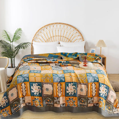 Boho Throw Blanket for Bed - 100% Pure Cotton Ultra Soft Rustic Quilt - Farmhouse Decor Bed Blankets, All Season Rustic Throw for Sofa Couch Chair(91''x 98'', Art Squares)