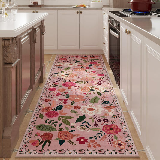Runner Rug for Hallways Kitchen Rug Non Slip 2'6''x8' Washable Runner Rugs with Rubber Backing Soft Floral Carpet Runner for Hallways, Kitchen, Laundry, Bedroom, Bathroom(Pink)