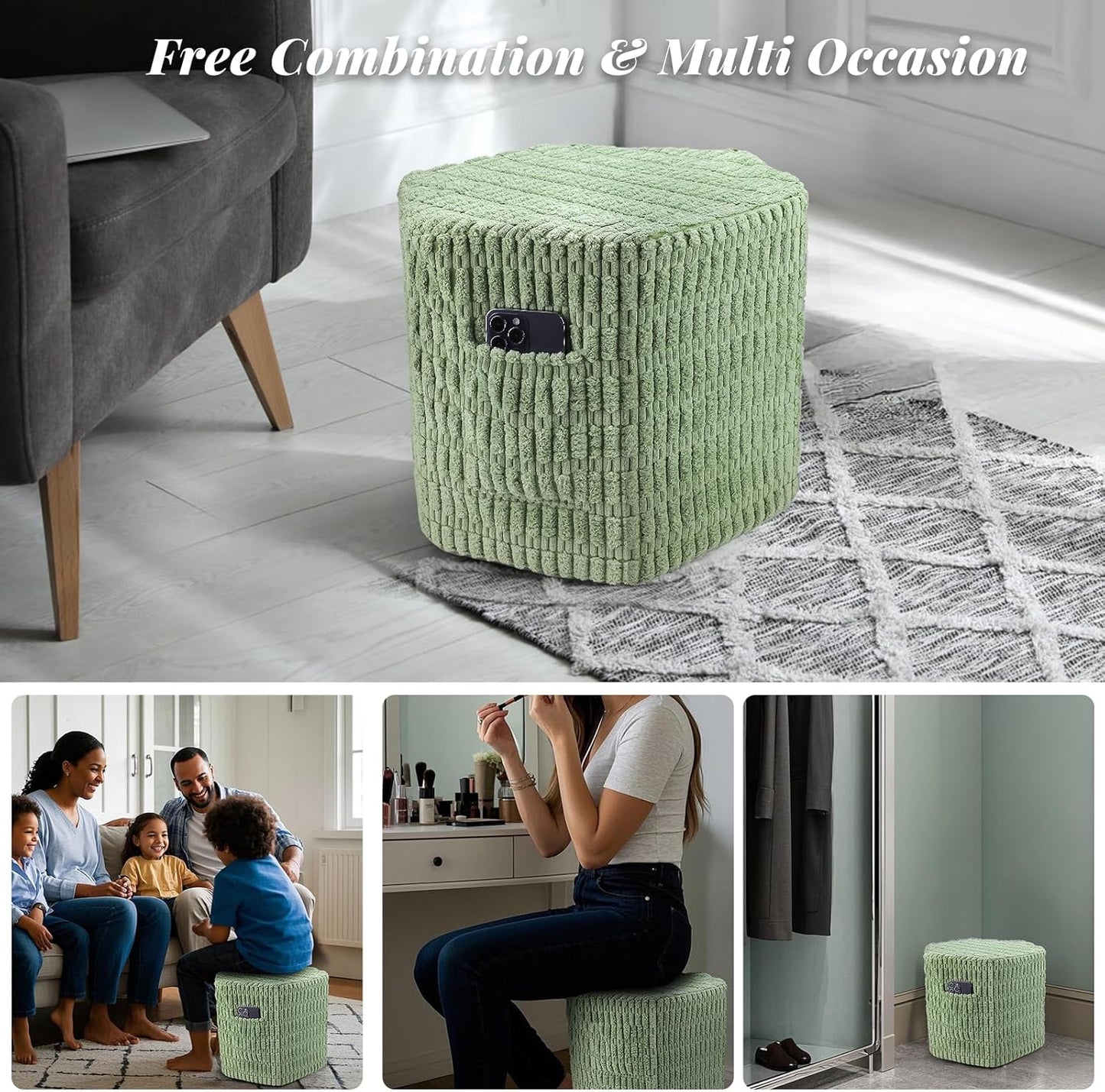 Hexagon Pouf Ottoman Stuffed with 2 Pockets & Handle, Comfort Corduroy Poufs, Non-Slip Foot Stool Storage Ottoman, Foam Floor Poufs Foot Rest for Couch, Bedroom (Green)