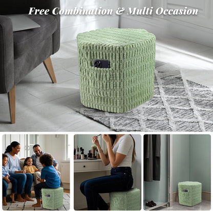 Hexagon Pouf Ottoman Stuffed with 2 Pockets & Handle, Comfort Corduroy Poufs, Non-Slip Foot Stool Storage Ottoman, Foam Floor Poufs Foot Rest for Couch, Bedroom (Green)