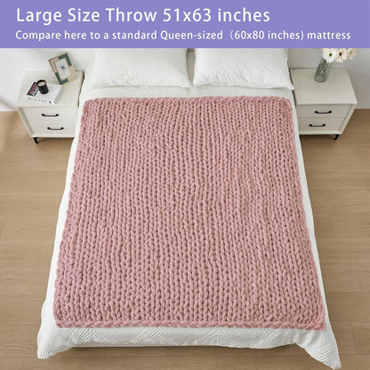 Bigacogo Chunky Knit Throw Blanket for Couch, 51x63 inches, 100% Hand Knitted with Thick Jumbo Chenille Yarn, Cozy Soft Large Rope Knot Cable Crochet Blankets for Sofa Bed Living Room, Dusty Pink
