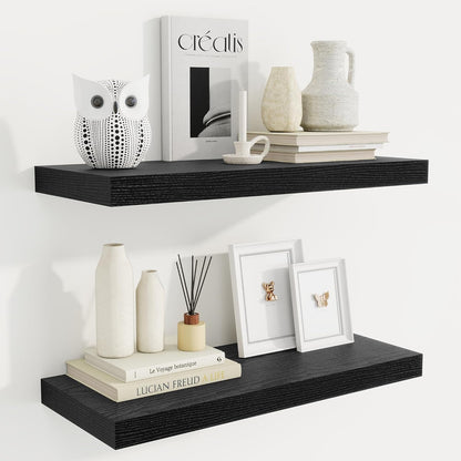 Fun Memories 24 Inch Floating Shelves for Wall, 9 Inch Deep Black Rustic Wood Wall Mounted Shelves for Bathroom, Kitchen, Living Room, Set of 2