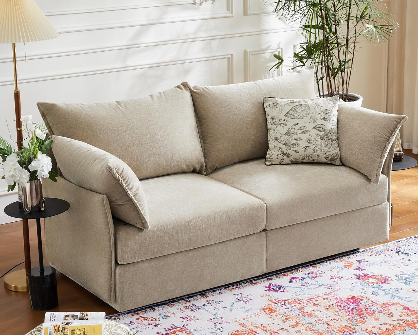 Oversized Loveseat Sofa, Modern Modular Sectional Couch Beige Fluffy Chenille Mid Century 2-Seat 24.5" Deep Seat for Apartment, Living Room, Bedroom
