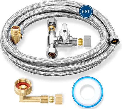 Dishwasher Installation Kit - 6 FT Stainless Steel Braided Dishwasher Hose kit,Food Grade PEX Inner Tube Water Line with 3/8"x 3/8"x 3/8" Tee Stop Valve,3/8"x 3/8"MIP Elbow,3/8"x 3/4"FHT Elbow