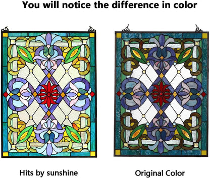 Bieye W10028 Victorian Tiffany Style Stained Glass Window Panel with Chain, Rectangular Shape, 18" W x 25" H