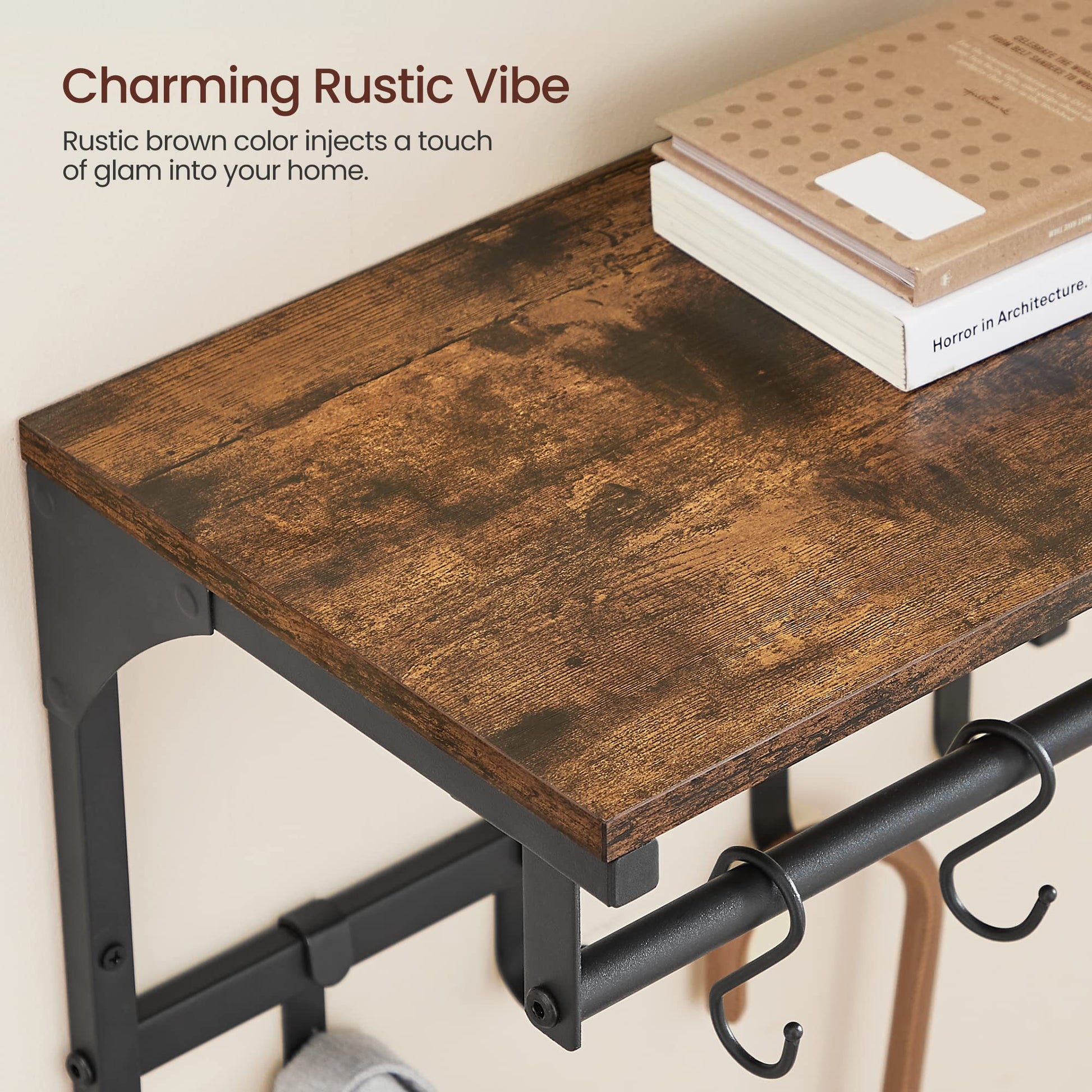 VASAGLE Laundry Room Shelf Wall Mounted, Coat Rack Shelf, with 8 Removable Hooks, for Entryway