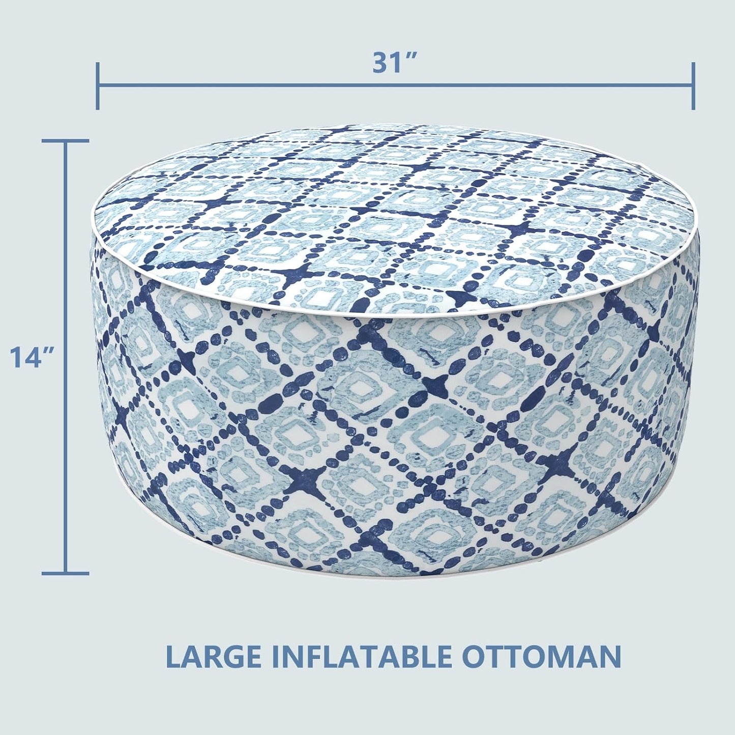 LVTXIII Outdoor Inflatable Ottoman, Fade-Resistant Round Footrest Stool D31”x H14”, Portable Patio Pouf for Garden Camping or Home Use, Boho Geometry Blue