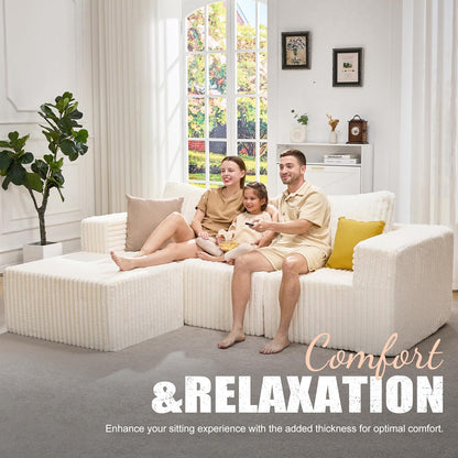 Hobestluk Modular Sectional Sofa Memory Foam Couch Oversized Sectional Sofa 3-Seater with Chaise Cloud Couch with Removable Cover L Shape Sofa for Living Room (Strip White, 3-Seater with Chaise)