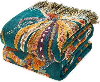 MSGKV Boho Throw Blanket for Bed Twin Size Cotton Muslin Breathable Floral Blanket 60"x80" Sofa Couch Blankets for All Seasons Lightweight Farmhouse Blankets Boho Home Decor