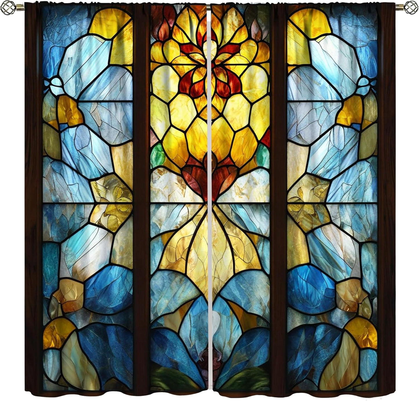 Stained Glass Curtains,Retro Abstract Colorful Art Home Decor Drapes for Bedroom Living Room Kitchen Window Treatment 2 Panels Set Total Size 72" W X 63" L Inch