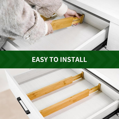 VaeFae 6-Pack Bamboo Drawer Dividers ??Adjustable 14"-19.1" (Fits 15"-18" Drawers ONLY), Spring-Loaded Expandable Organizer for Kitchen, Bedroom, Office & Bathroom, MUST MEASURE Before Purchase