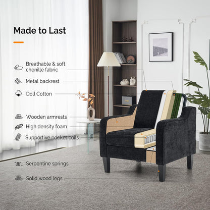 VINGLI Mid Century Modern Accent Chairs, Black Soft Chenille Reading Chair Upholstered Armchair Side Chairs Sofa Couches for Living Room, Bedroom, Apartment