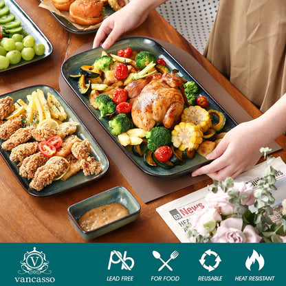 vancasso Stern Serving Platters Set of 3, 15/13/ 11 Inches Rectangular Serving Plates, Green Serving Trays for Entertaining, Party
