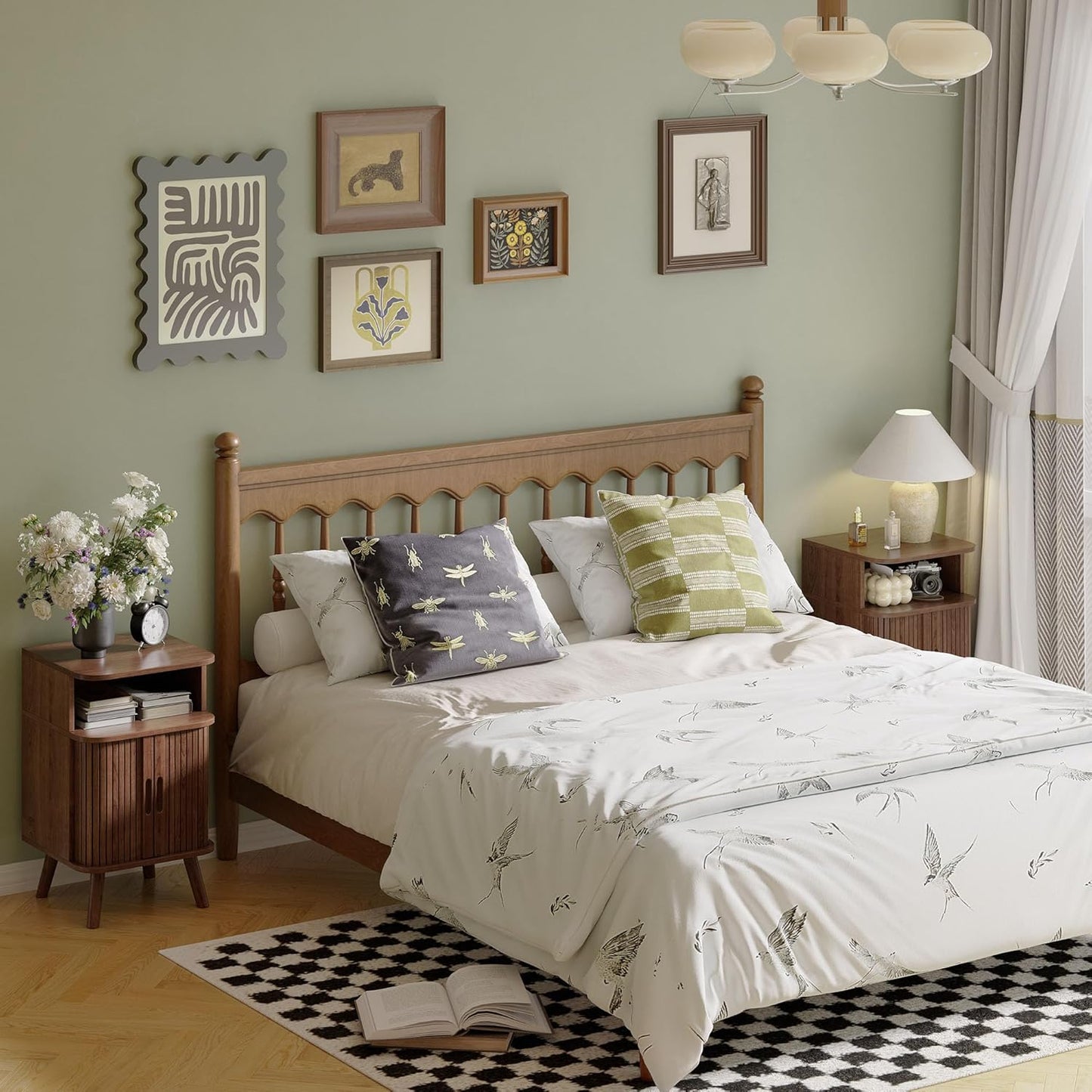 Alohappy Fluted End Table Set of 2, Mid Century Modern Nightstand with Sliding Tambour Door, Curved Round Edge Wood Bedside Table for Bedroom, Side Tables with Storage for Living Room, Walnut