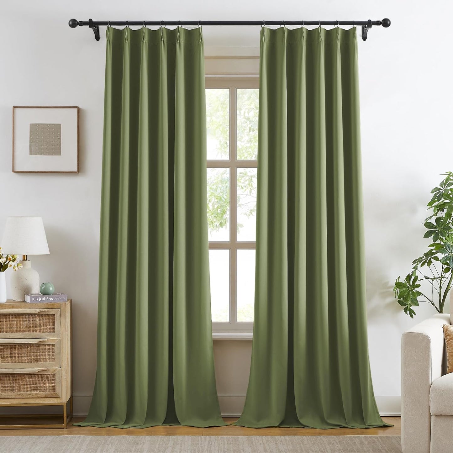 KangBang 2 PCs Sage Green Pleated Window Curtain Panels for Hall Windows, Pinch Pleat Black Out Thermal Insulated Curtains & Drapes Ceiling to Floor for Villa Cottage with Hooks Track System,40x120