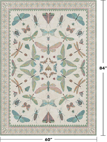 5x7 Pink and Green Nursery Rug - Colorful Rug for Bedroom, Living Room, Insect Butterfly Floral Non-Slip Soft Carpet