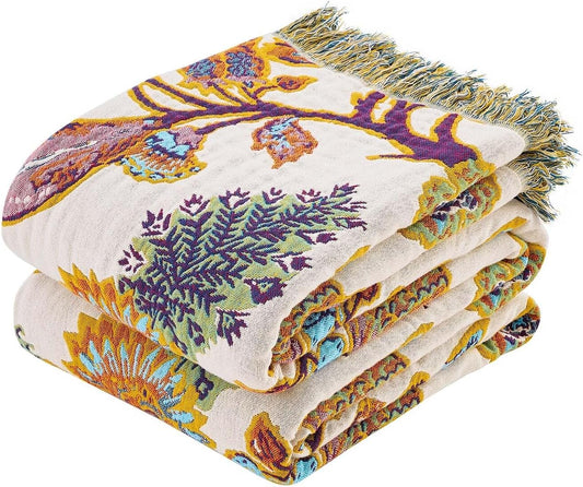Boho Throw Blanket for Bed, 100% Cotton Soft Rustic Quilt Fall Blanket, 80"x90" Floral Printed Farmhouse Decor Bed Blankets, All Season Rustic Reversible Bohemian Throw Quilt