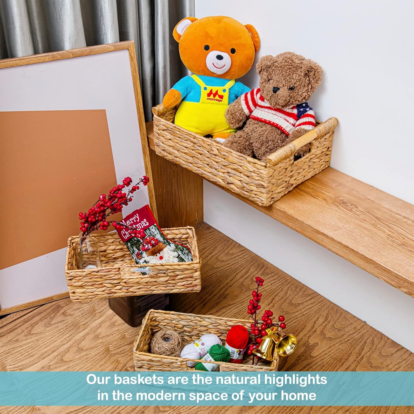 VATIMA Large Water Hyacinth Storage Baskets for Organizing with Wooden Handles for Shelves, 2 Bathroom Small Basket, Water Hyacinth Toilet Paper Baskets, Set of Natural Wicker Storage Basket for Home