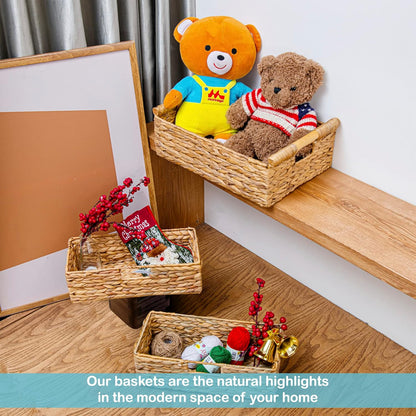 VATIMA Large Water Hyacinth Storage Baskets for Organizing with Wooden Handles for Shelves, 2 Bathroom Small Basket, Water Hyacinth Toilet Paper Baskets, Set of Natural Wicker Storage Basket for Home