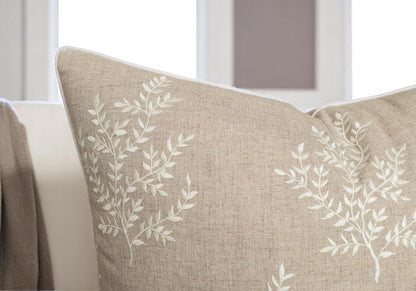 VAGMINE Embroidered Leaves Throw Pillow Cover - 20x20 Inches Square - 100% Linen Natural Throw Pillowcase - Elegant Neutral Leaf Design - Minimalist Rustic Home Accent for Sofa, Bed, Couch, Lounge