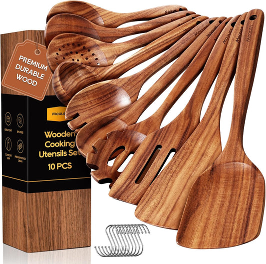 Wooden Spoons for Cooking, 10PCS Teak Wood Cookware Utensil Set with Hooks - Smooth Finish