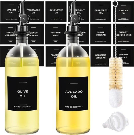 Olive Oil Dispenser Bottle - Includes 55 Kitchen Essential Labels - Cooking Oil Bottles for