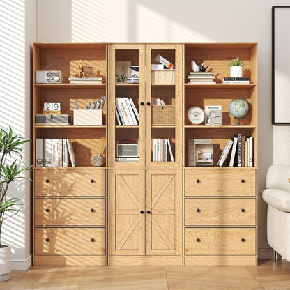 71" Tall Bookshelves Set of 3, 2 Bookcases with Drawers & 1 Bookshelf with Doors, Wooden Bookshelves Floor Standing Display Storage Shelves Home Decor Furniture for Home Office, Living Room