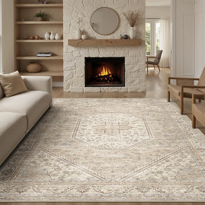DCX Machine Washable Brown and Beige Area Rug 8x10, Non Slip Stain Resistant Vintage Floral Rug for Living Room Bedroom Nursery, Soft Low Pile Large Carpet