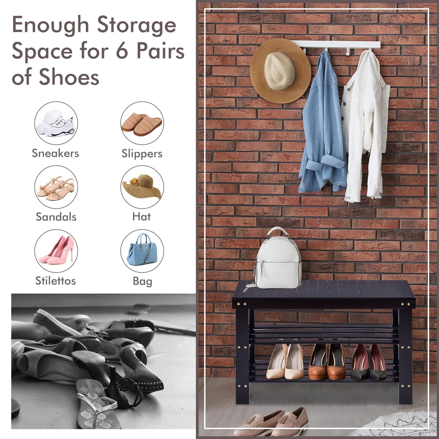 COSTWAY 3-Tier Shoe Rack Bench, Free Standing Wood Entryway Shoe Storage Organizer, Bamboo Storage