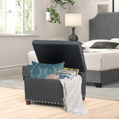 Joveco Storage Ottoman Linen Tufted Bench with Rivet, Rectangular Footrest Stool Coffee Table Seat for Living Room Bedroom, Grey