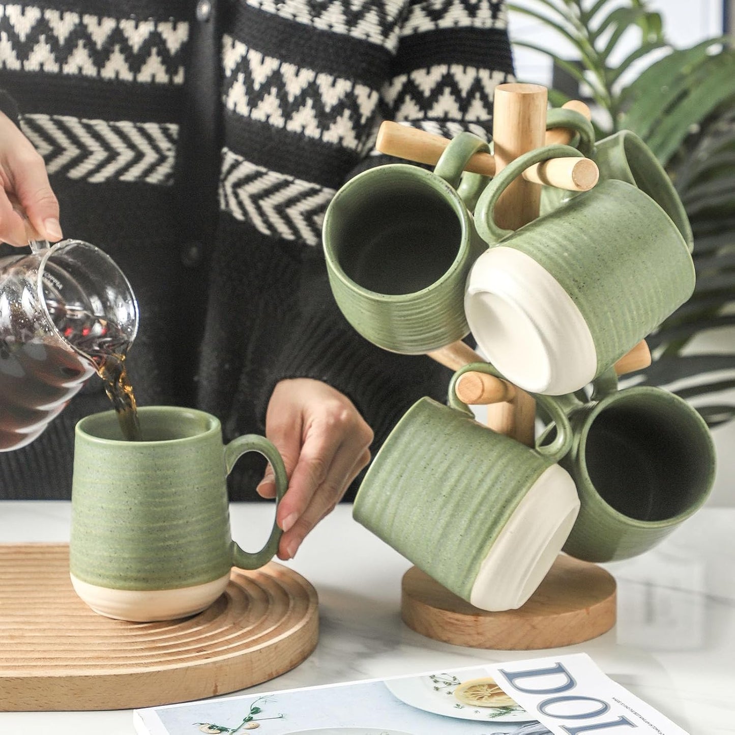 Hasense Porcelain Coffee Mugs Set of 6, 15 Ounce Large Ceramic Coffee Cups Set with Handle for Latte, Tea, Cocoa and Hot Chocolate, Green Coffee Mugs for Men and Women, Microwave Safe