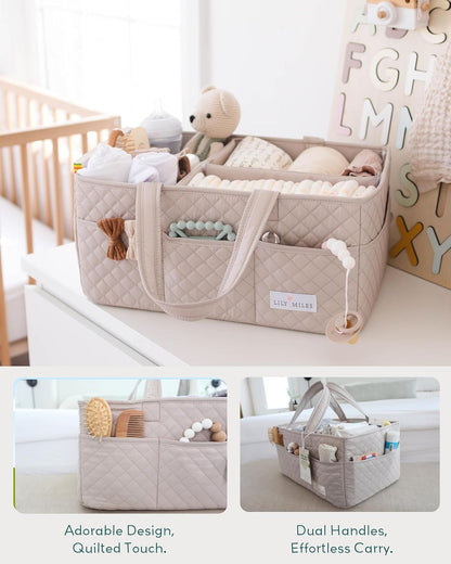 Lily Miles Baby Diaper Caddy Organizer, Quilted Nursery Storage Organizer for Newborn Essentials and Diaper Changing Station, Gift for Baby Shower and Registry Must-Have (Soft Sand)